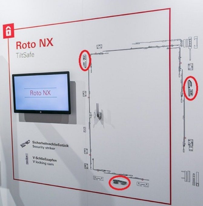 Photo: le nombre et l'emplacement des bandes anti-effraction spéciales sur le cadre (marquées d'ovales rouges) *