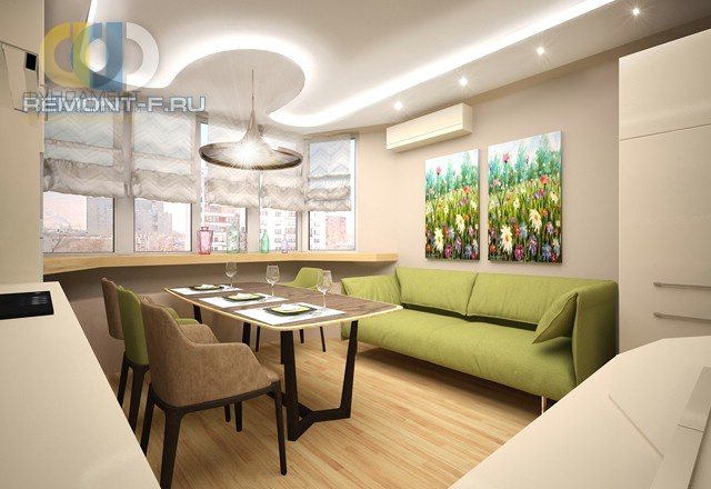 Intérieur de cuisine avec une baie vitrée dans un style moderne. Photo 2018