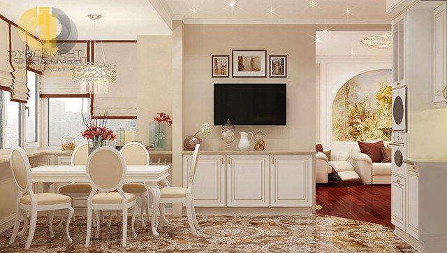 Intérieur de cuisine avec une baie vitrée dans un style moderne. Photo 2018