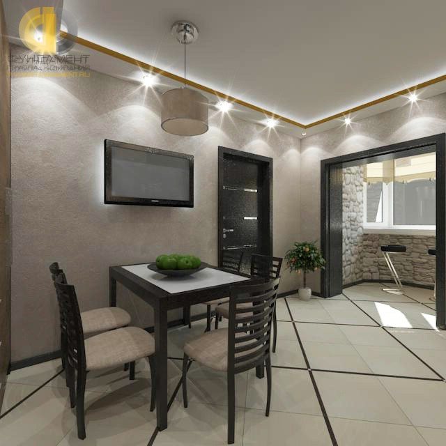 Intérieur de cuisine avec une baie vitrée dans un style moderne. Photo 2018