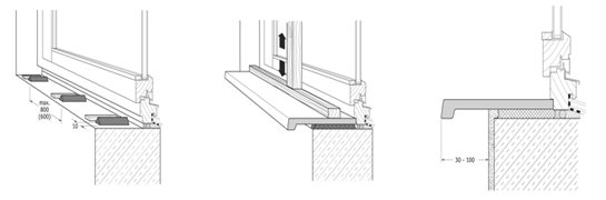 Les phases d'installation d'un appui de fenêtre en plastique sur colle sont illustrées