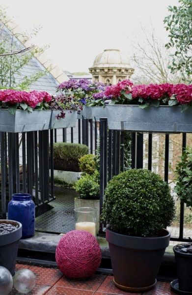 le parapet du balcon est décoré de fleurs fraîches