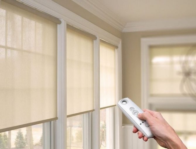 Volets roulants électriques dans les ouvertures des fenêtres du salon